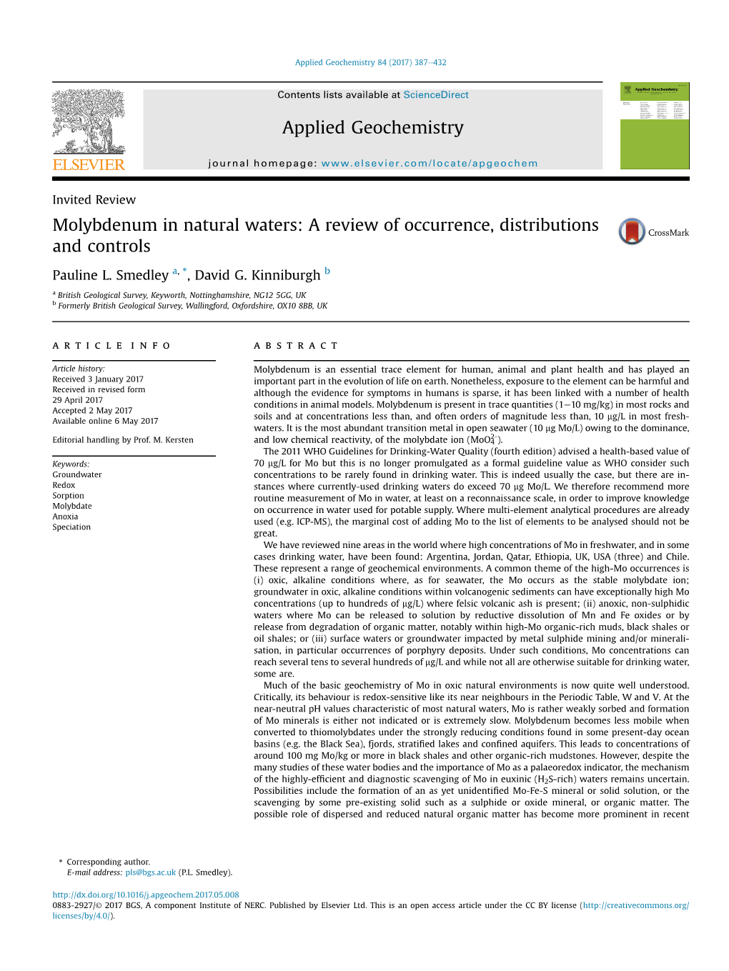 Molybdenum in Natural Waters: a Review of Occurrence, Distributions and Controls