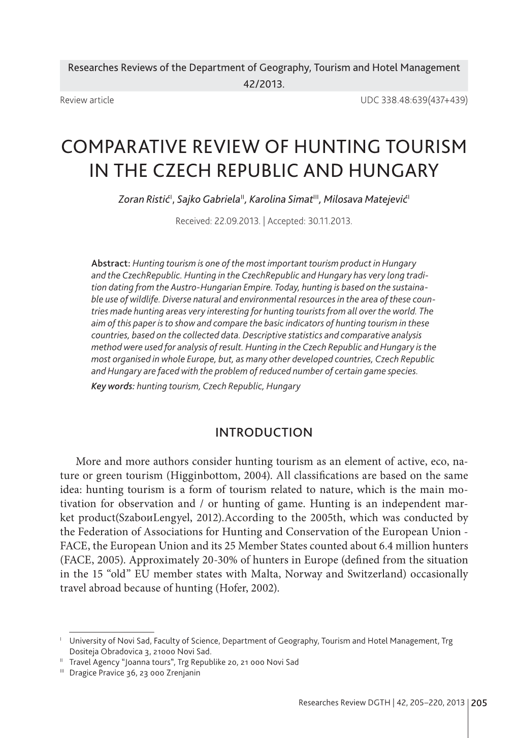 Comparative Review of Hunting Tourism in the Czech Republic and Hungary