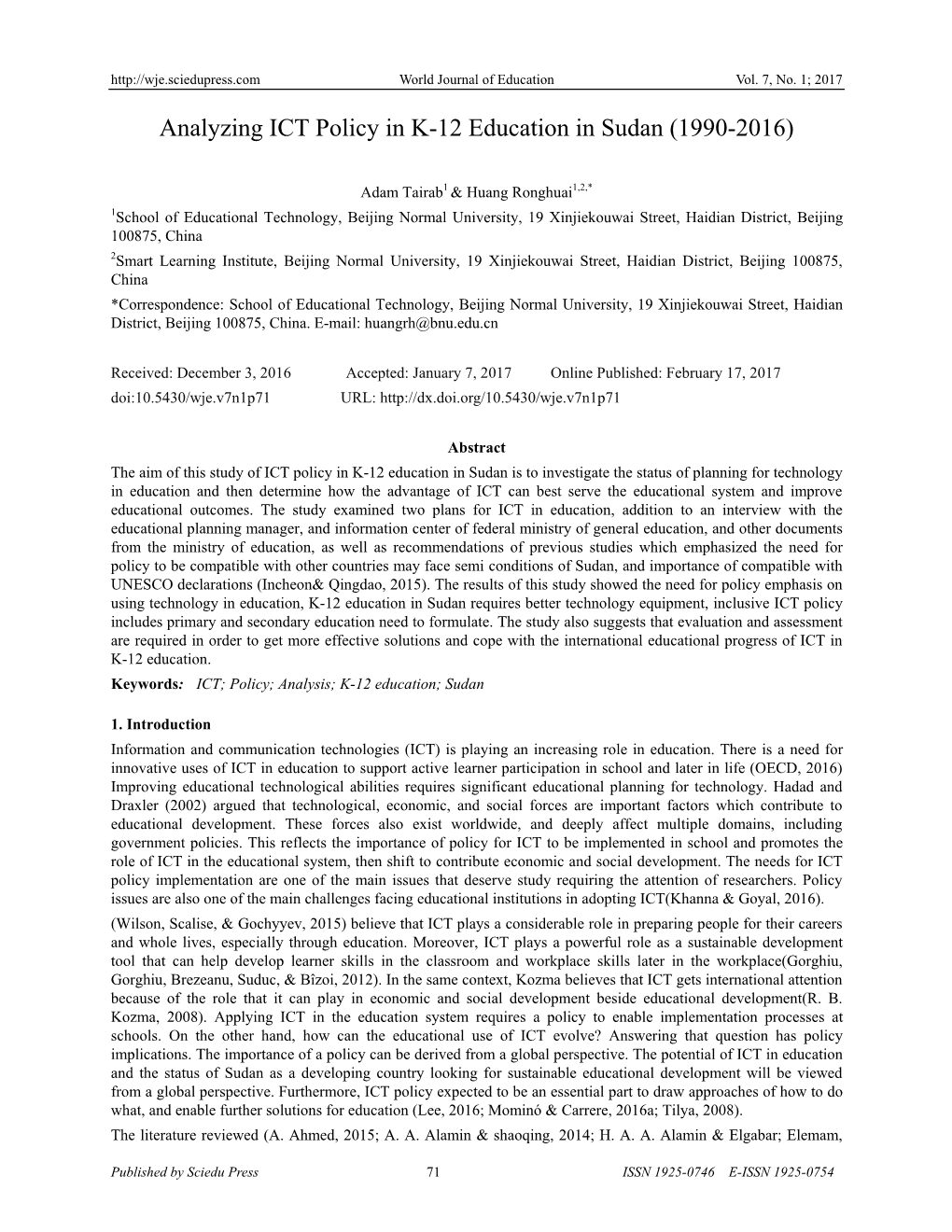 Analyzing ICT Policy in K-12 Education in Sudan (1990-2016)