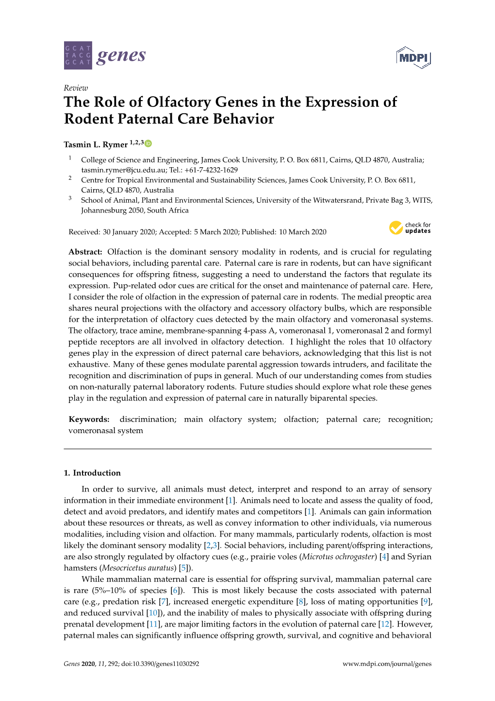 The Role of Olfactory Genes in the Expression of Rodent Paternal Care Behavior