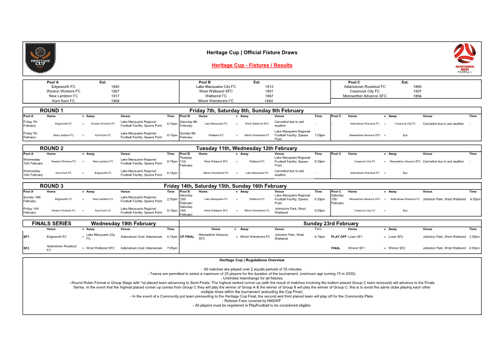 Heritage Cup | Official Fixture Draws