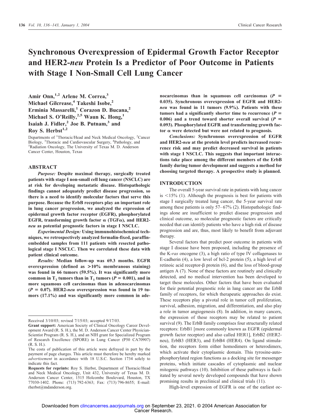 Synchronous Overexpression of Epidermal Growth Factor Receptor and HER2-Neu Protein Is a Predictor of Poor Outcome in Patients with Stage I Non-Small Cell Lung Cancer