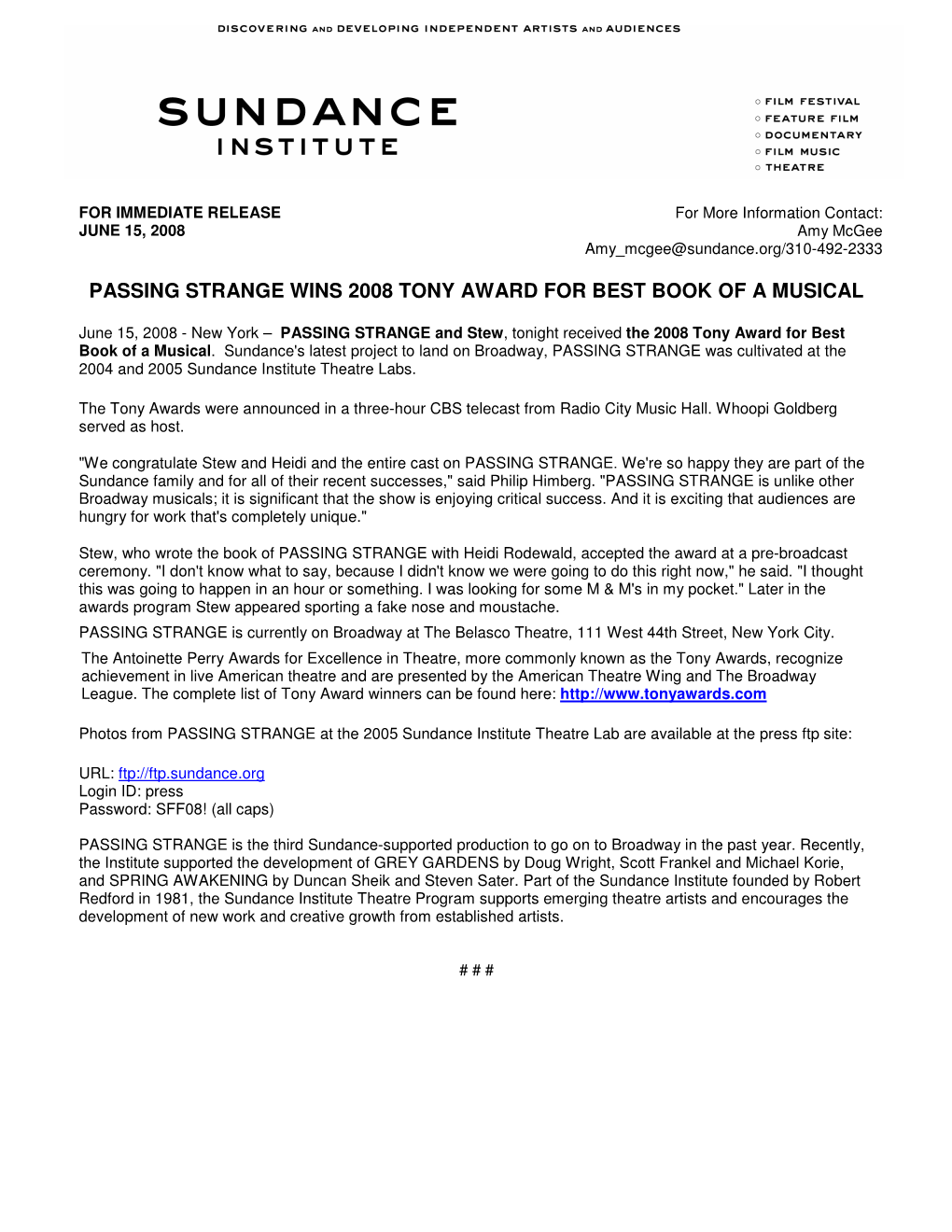 Passing Strange Wins 2008 Tony Award for Best Book of a Musical