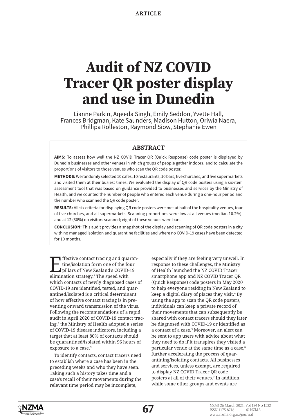 Audit of NZ COVID Tracer QR Poster Display and Use in Dunedin