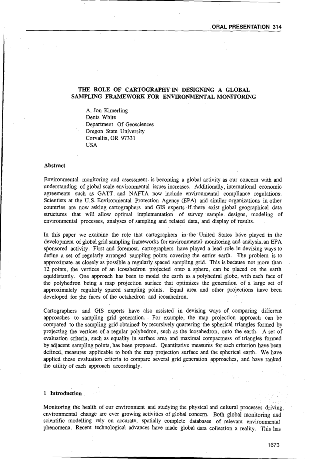 THE ROLE of CARTOGRAPHY in DESIGNING a GLOBAL SAMPLING FRAMEWORK for Envmonmental MONITORING