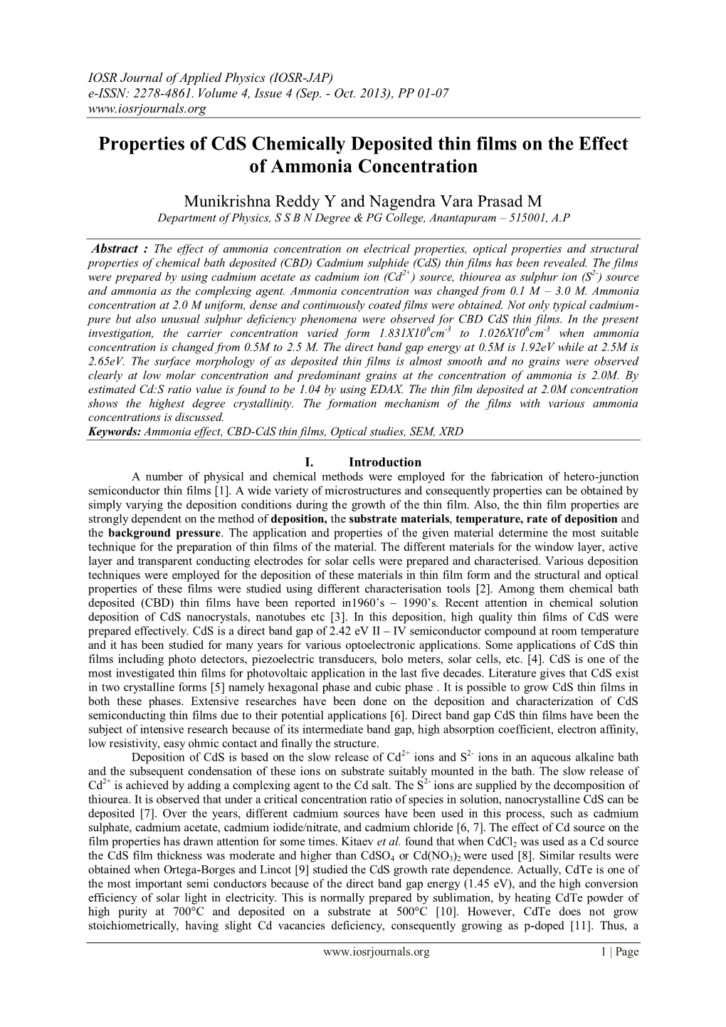 Properties of Cds Chemically Deposited Thin Films on the Effect of Ammonia Concentration