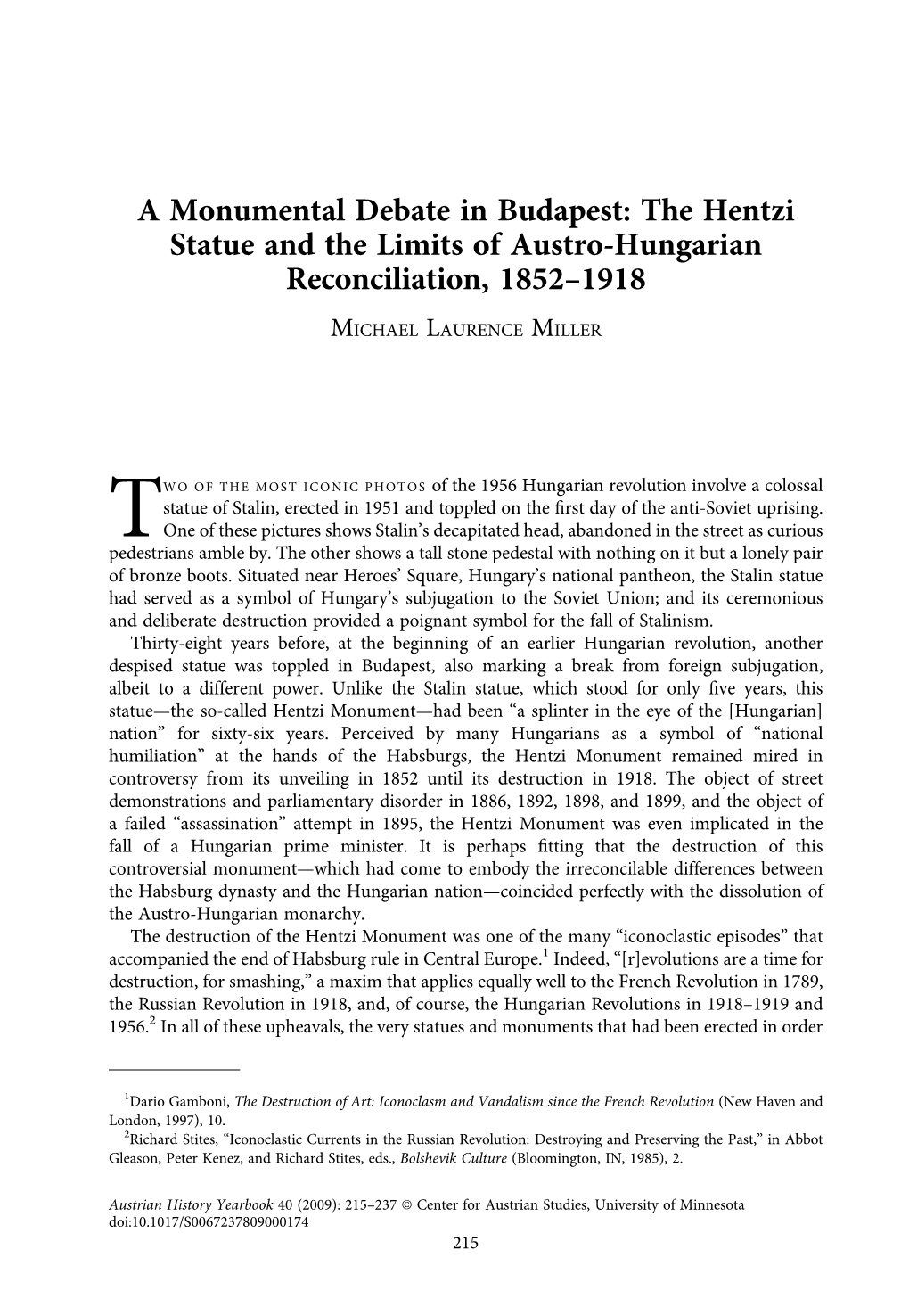 A Monumental Debate in Budapest: the Hentzi Statue and the Limits of Austro-Hungarian Reconciliation, 1852–1918