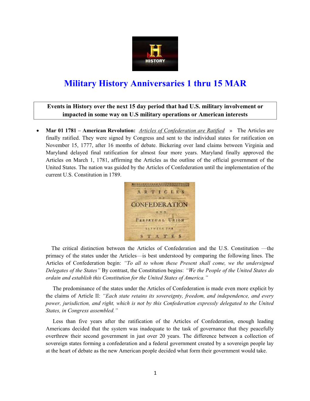 Military History Anniversaries 1 Thru 15 MAR