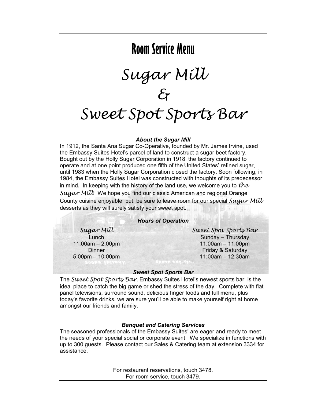 Room Service Menu Sugar Mill & Sweet Spot Sports