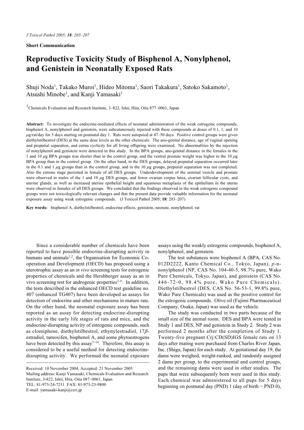 Reproductive Toxicity Study of Bisphenol A, Nonylphenol, and Genistein in Neonatally Exposed Rats