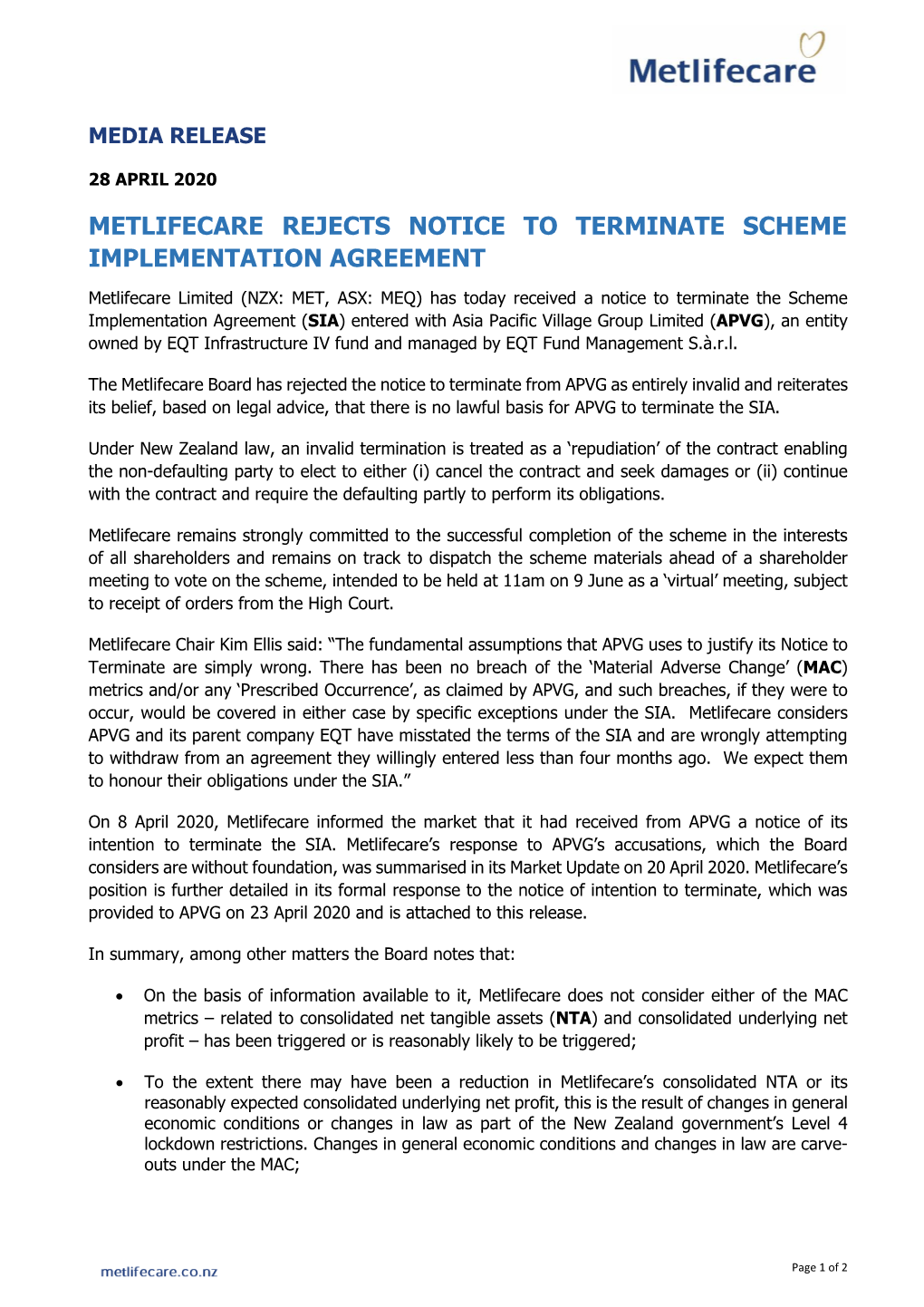 28 April 2020 Metlifecare Rejects Notice to Terminate