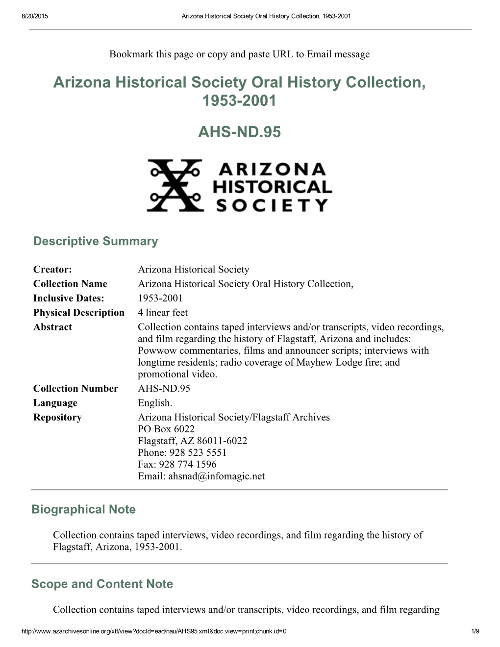 Arizona Historical Society Oral History Collection, 19532001 AHSND.95