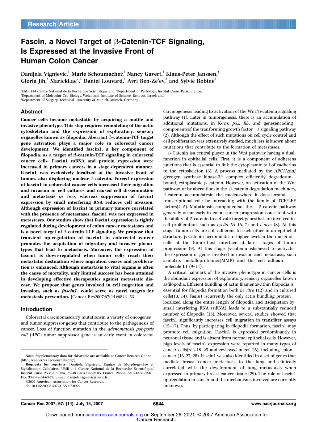 Fascin, a Novel Target of B-Catenin-TCF Signaling, Is Expressed at the Invasive Front of Human Colon Cancer