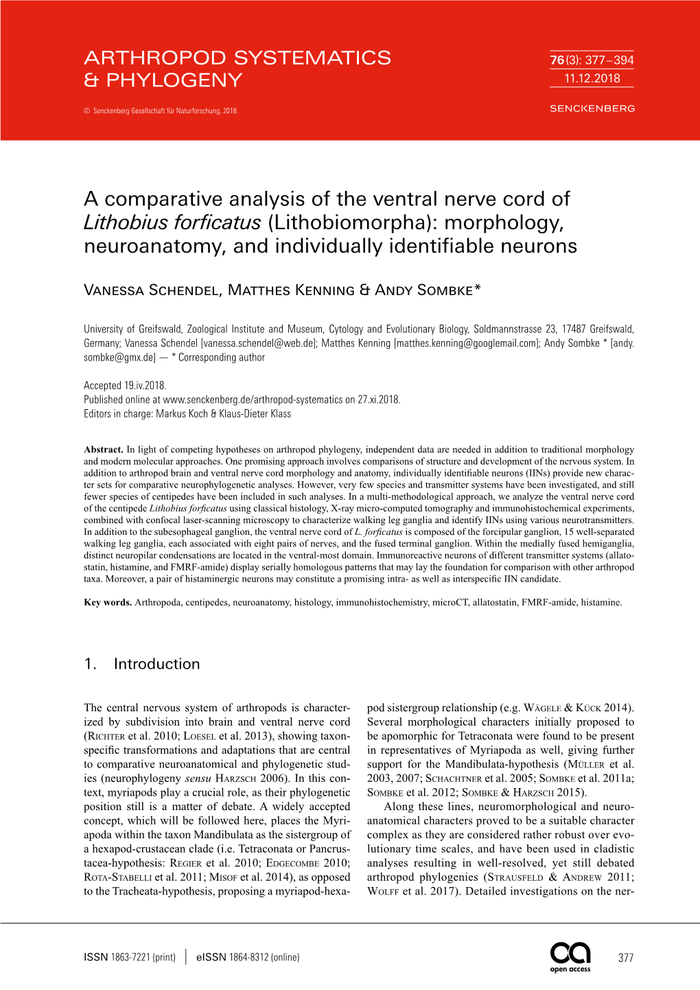 The Ventral Nerve Cord of Lithobius Forficatus (Lithobiomorpha): Morphology, Neuroanatomy, and Individually Identifiable Neurons