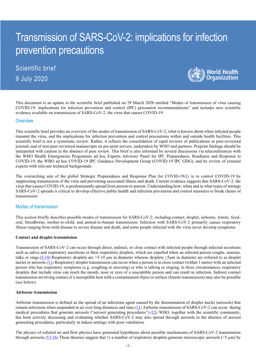 Transmission of SARS-Cov-2: Implications for Infection Prevention Precautions