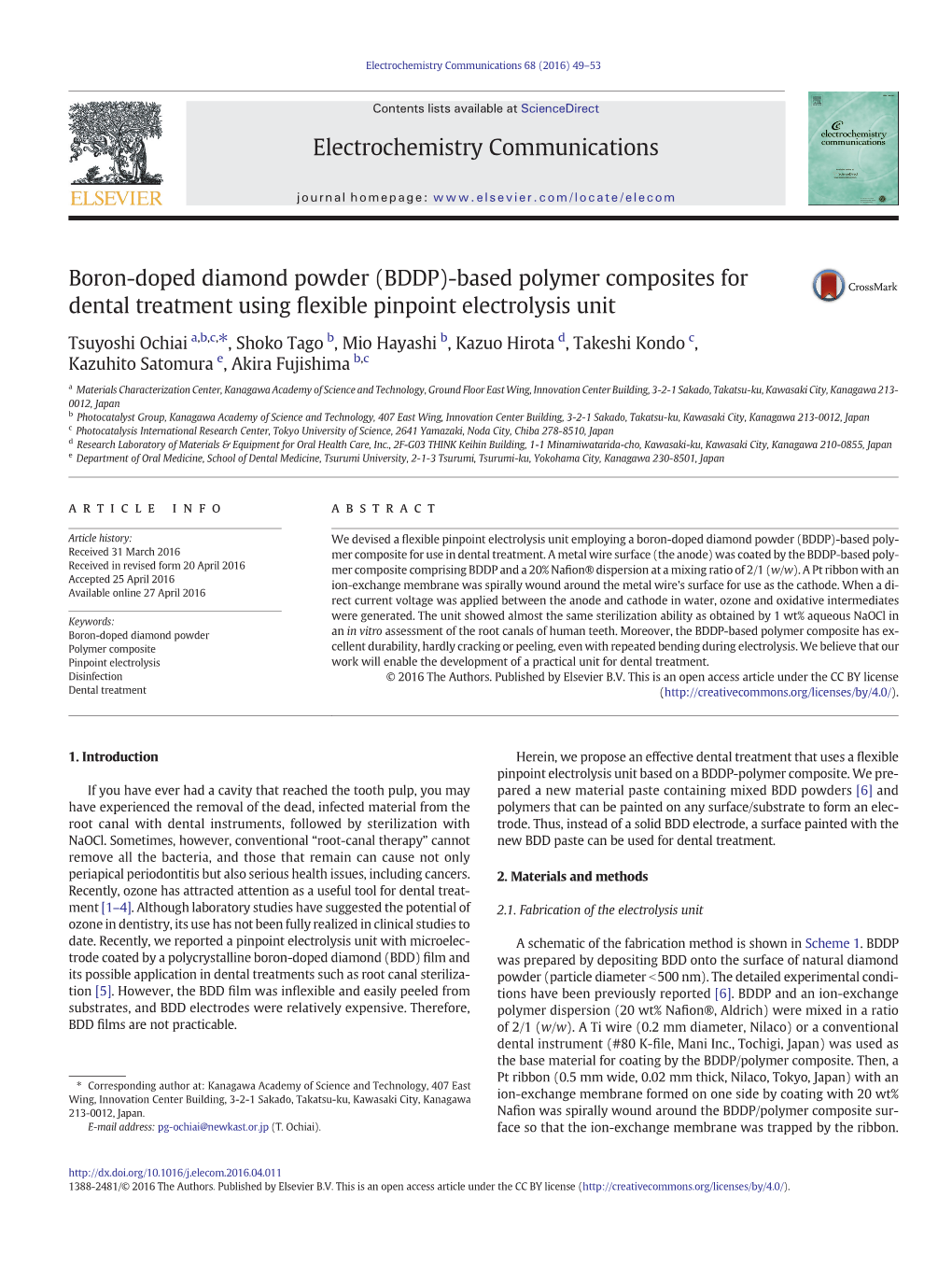 Boron-Doped Diamond Powder (BDDP)-Based Polymer Composites for Dental Treatment Using ﬂexible Pinpoint Electrolysis Unit