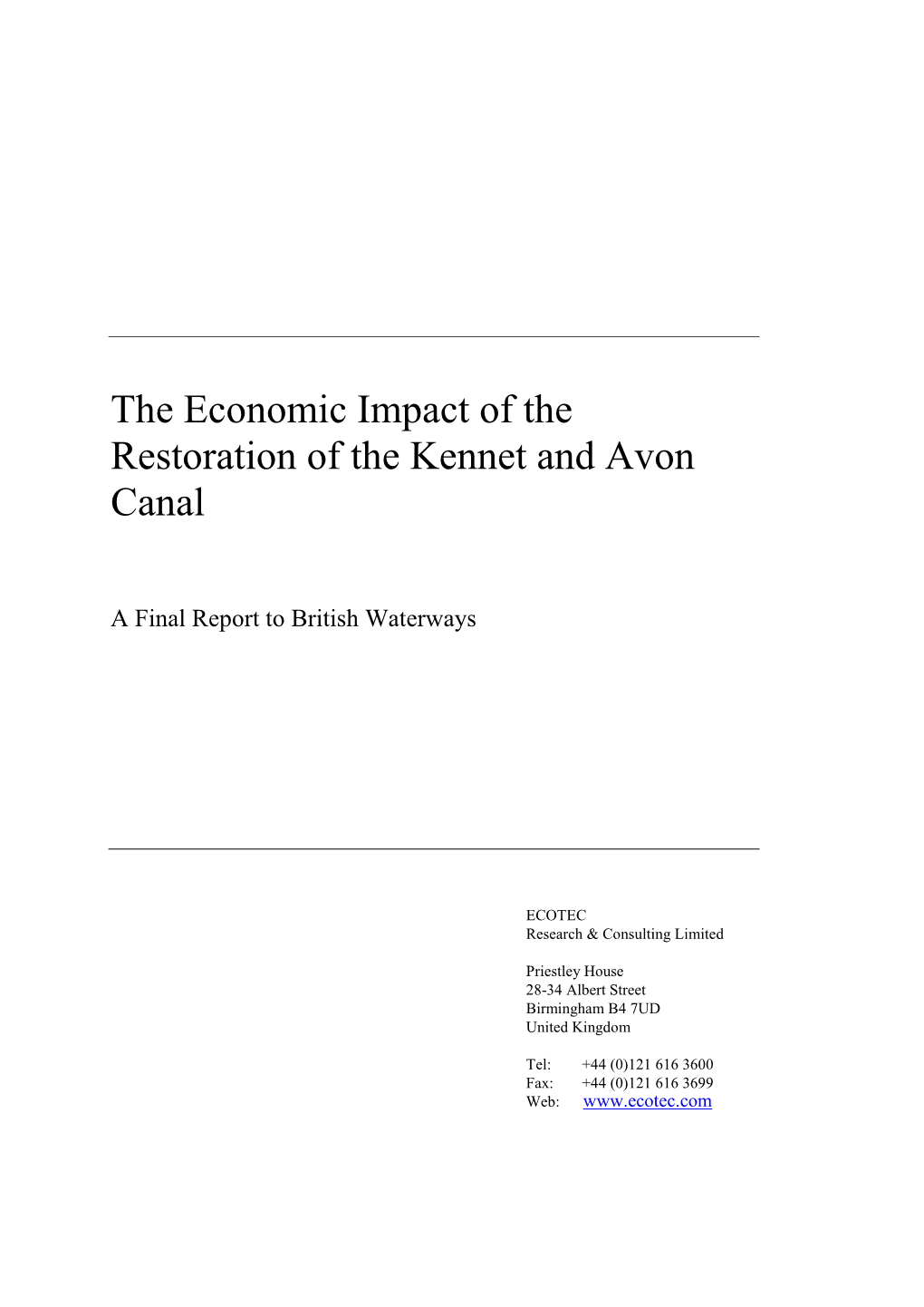 The Economic Impact of the Restoration of the Kennet and Avon Canal