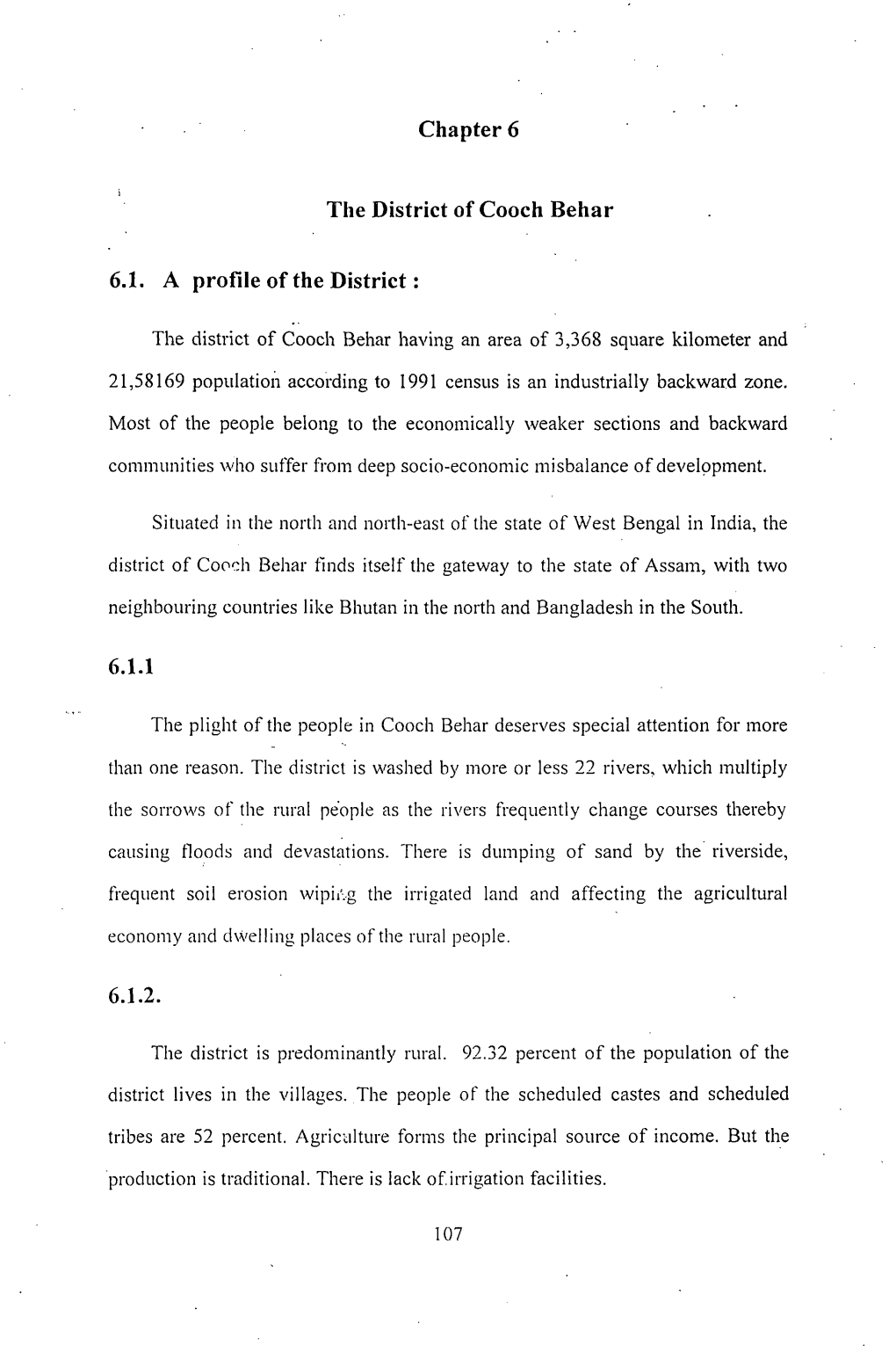 Chapter 6 the District of Cooch Behar 6.1. a Profile of the District : 6.1.1