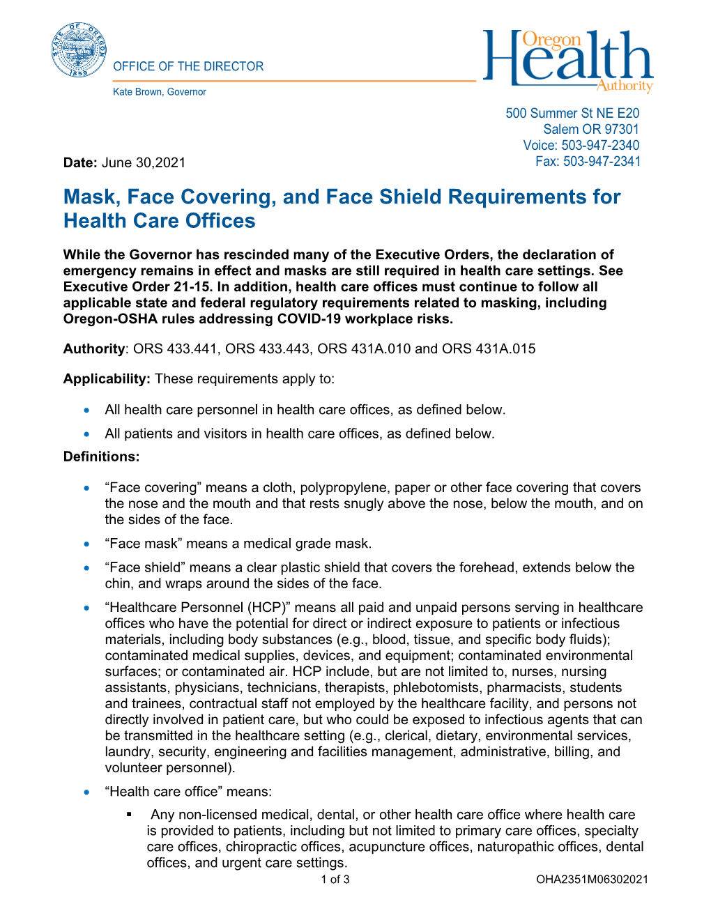 OHA's Mask, Face Covering, and Face Shield Requirements for Health Care