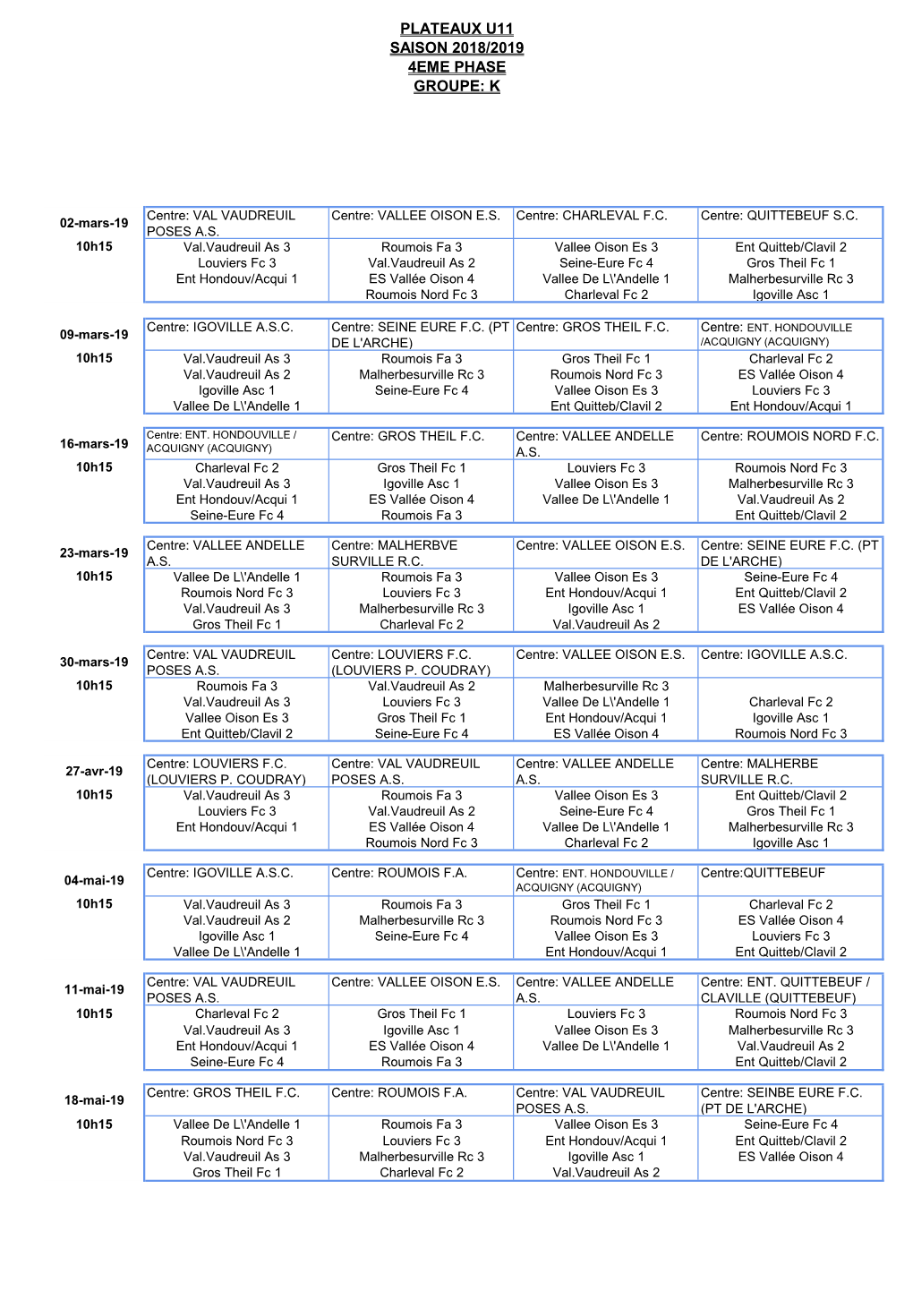 Plateaux U11 Saison 2018/2019 4Eme Phase Groupe: K