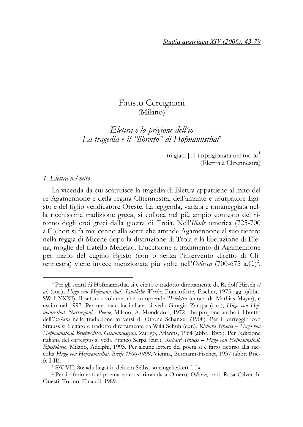 Fausto Cercignani Elettra E La Prigione Dell'io La Tragedia E Il “Libretto”