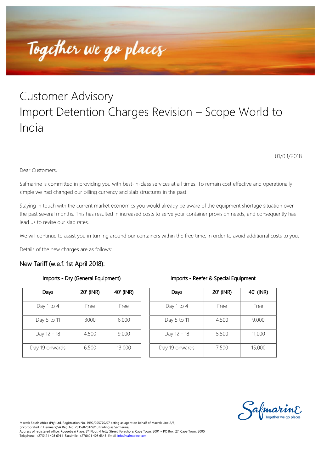Customer Advisory Import Detention Charges Revision – Scope World to India
