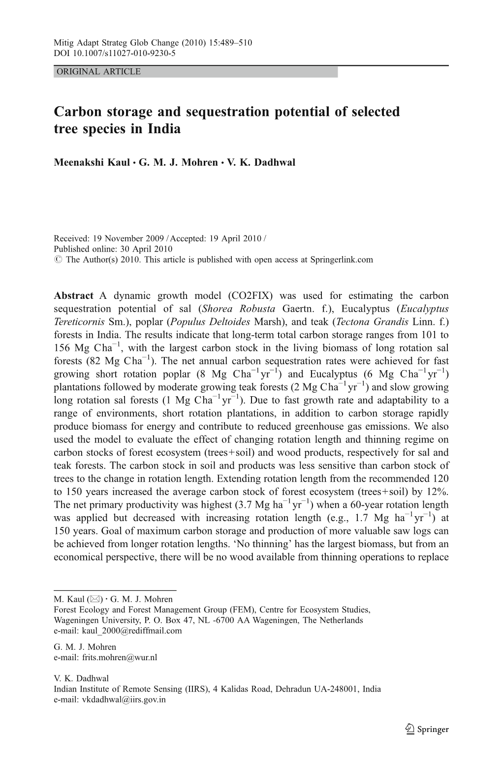 Carbon Storage and Sequestration Potential of Selected Tree Species in India