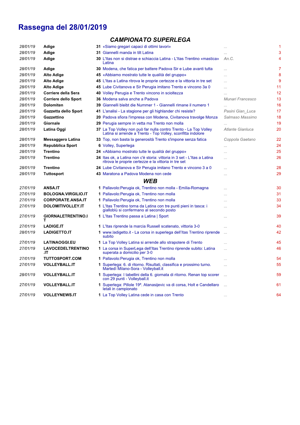 Rassegna Del 28/01/2019