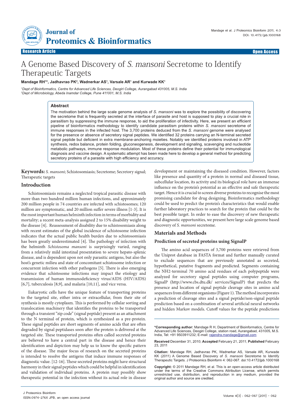 A Genome Based Discovery of S. Mansoni Secretome to Identify Therapeutic Targets