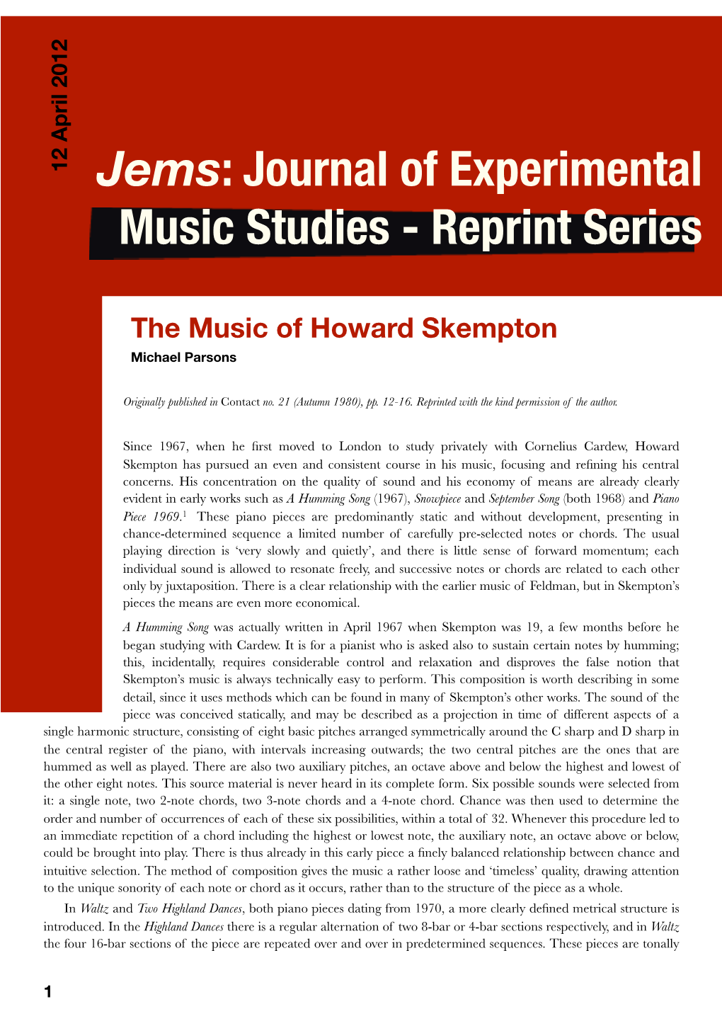 Jems: Journal of Experimental Music Studies - Reprint Series