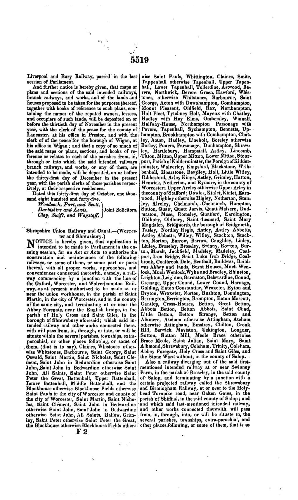 Liverpool and Bury Railway, Passed in the Last Wise Saint Pauls, Whittington, Claines, Smite, Session of Parliament