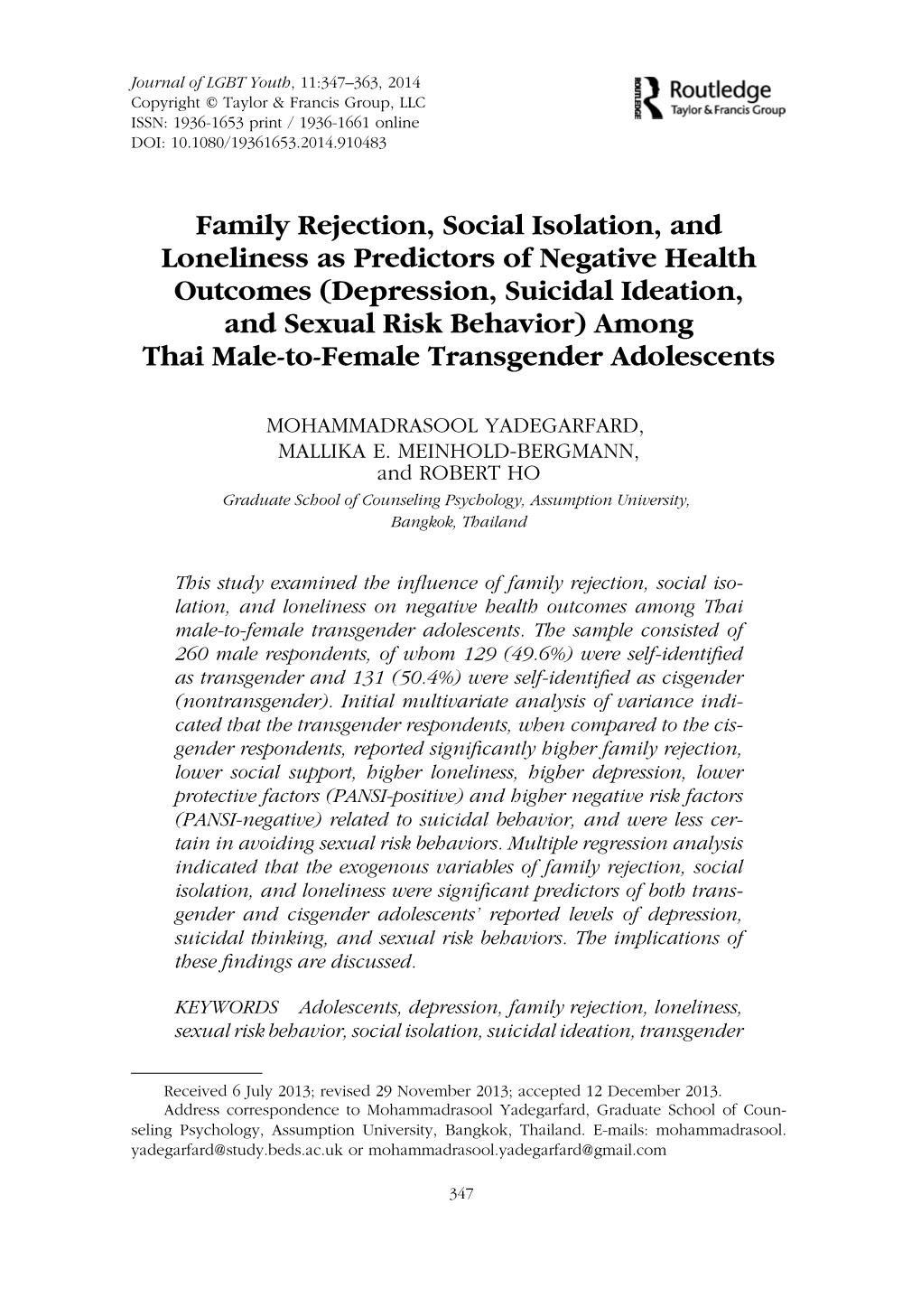 Family Rejection, Social Isolation, and Loneliness As