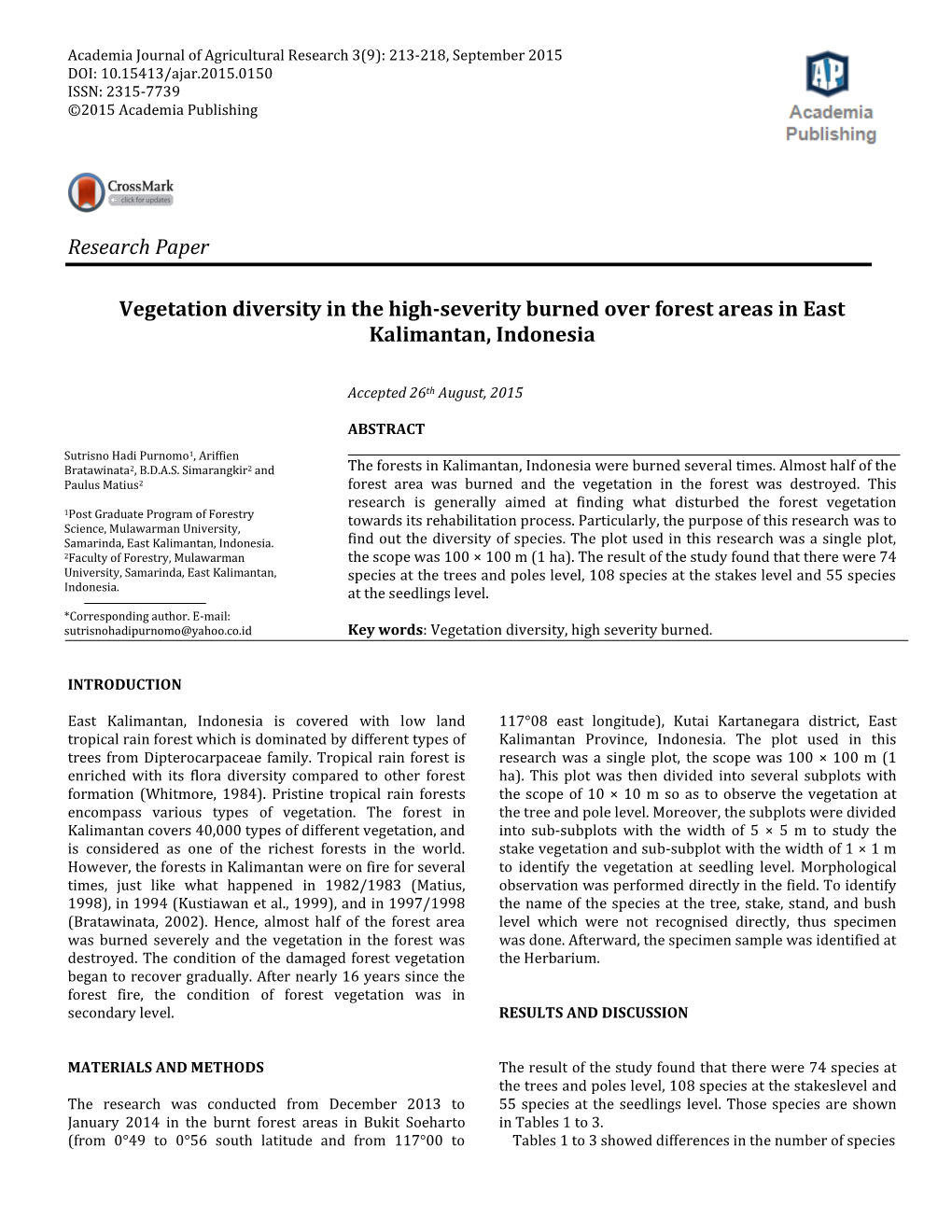 Research Paper Vegetation Diversity in the High-Severity Burned Over Forest Areas in East Kalimantan, Indonesia