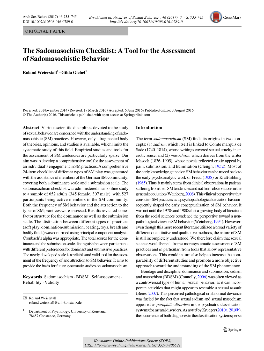 The Sadomasochism Checklist : a Tool for the Assessment of Sadomasochistic Behavior