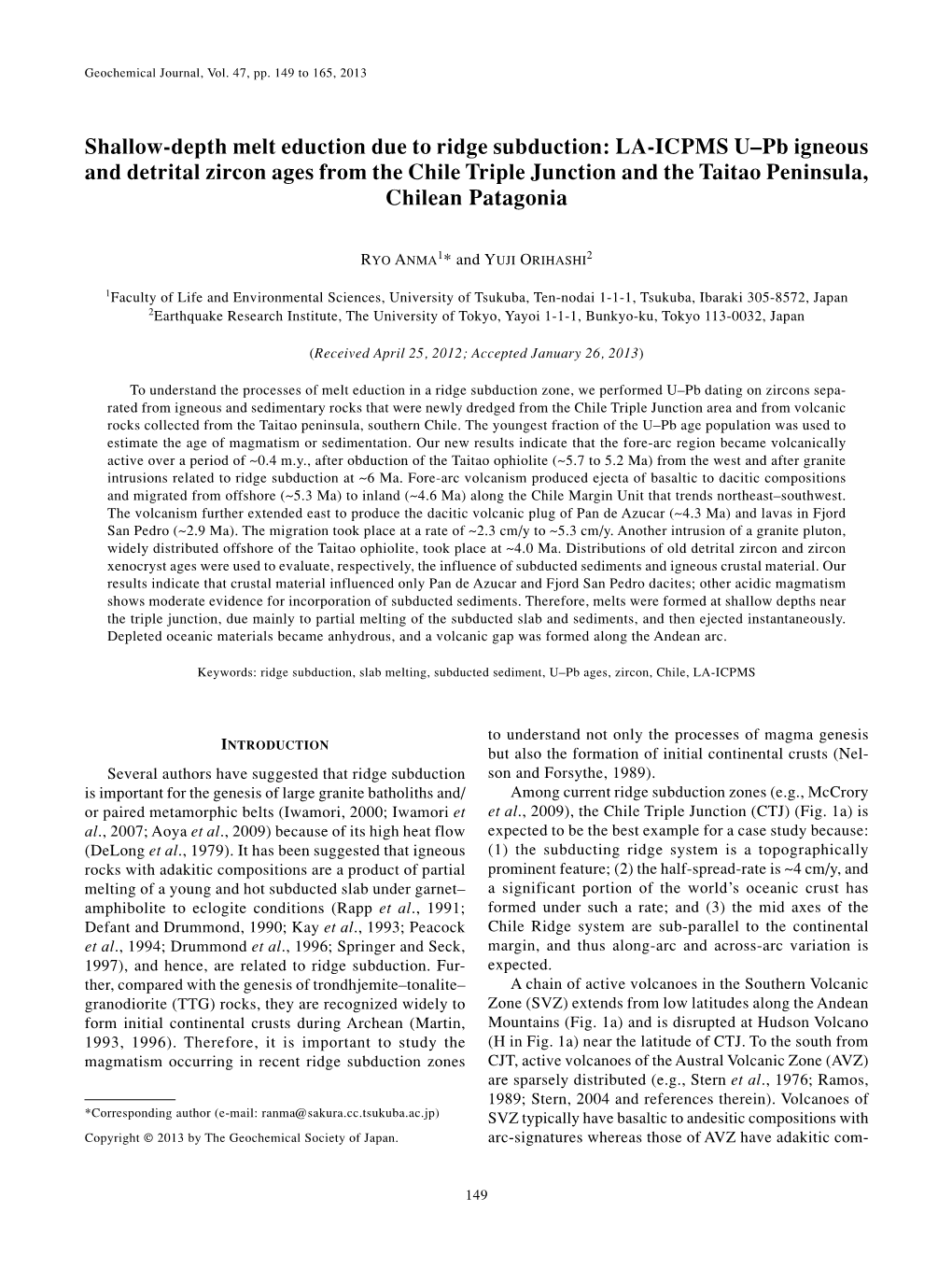 LA-ICPMS U–Pb Igneous and Detrital Zircon Ages from the Chile Triple Junction and the Taitao Peninsula, Chilean Patagonia