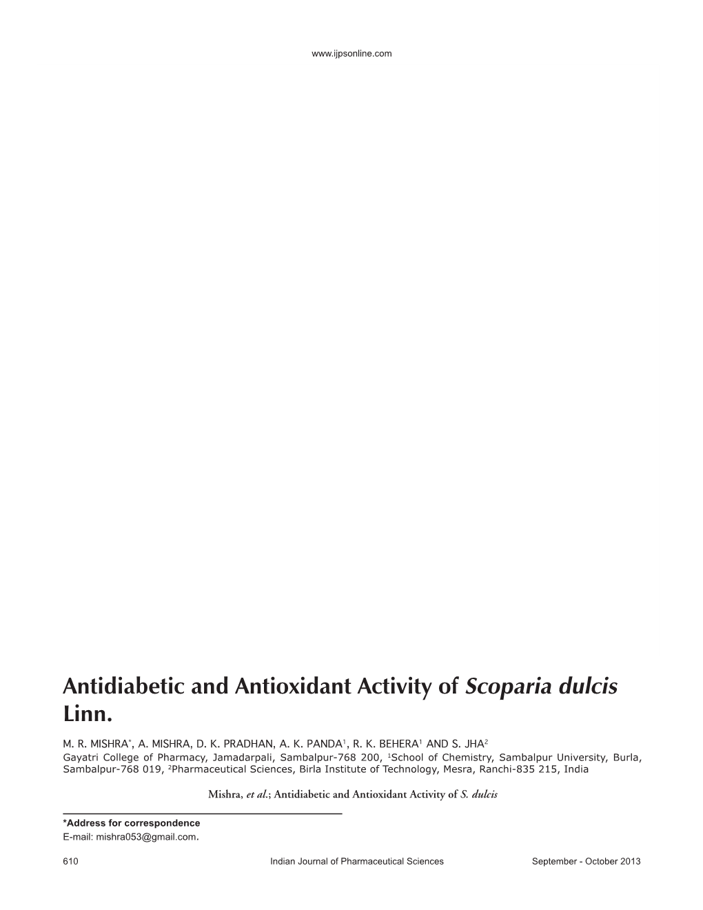 Antidiabetic and Antioxidant Activity of Scoparia Dulcis Linn