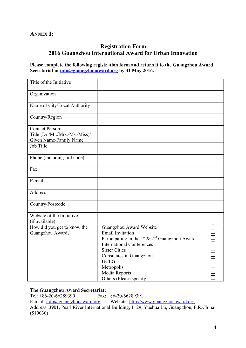 Guangzhou Award APPLICATION FORM 2012