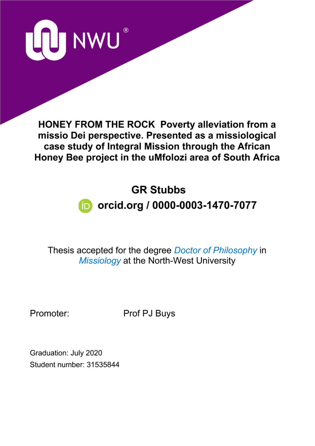 HONEY from the ROCK Poverty Alleviation from a Missio Dei