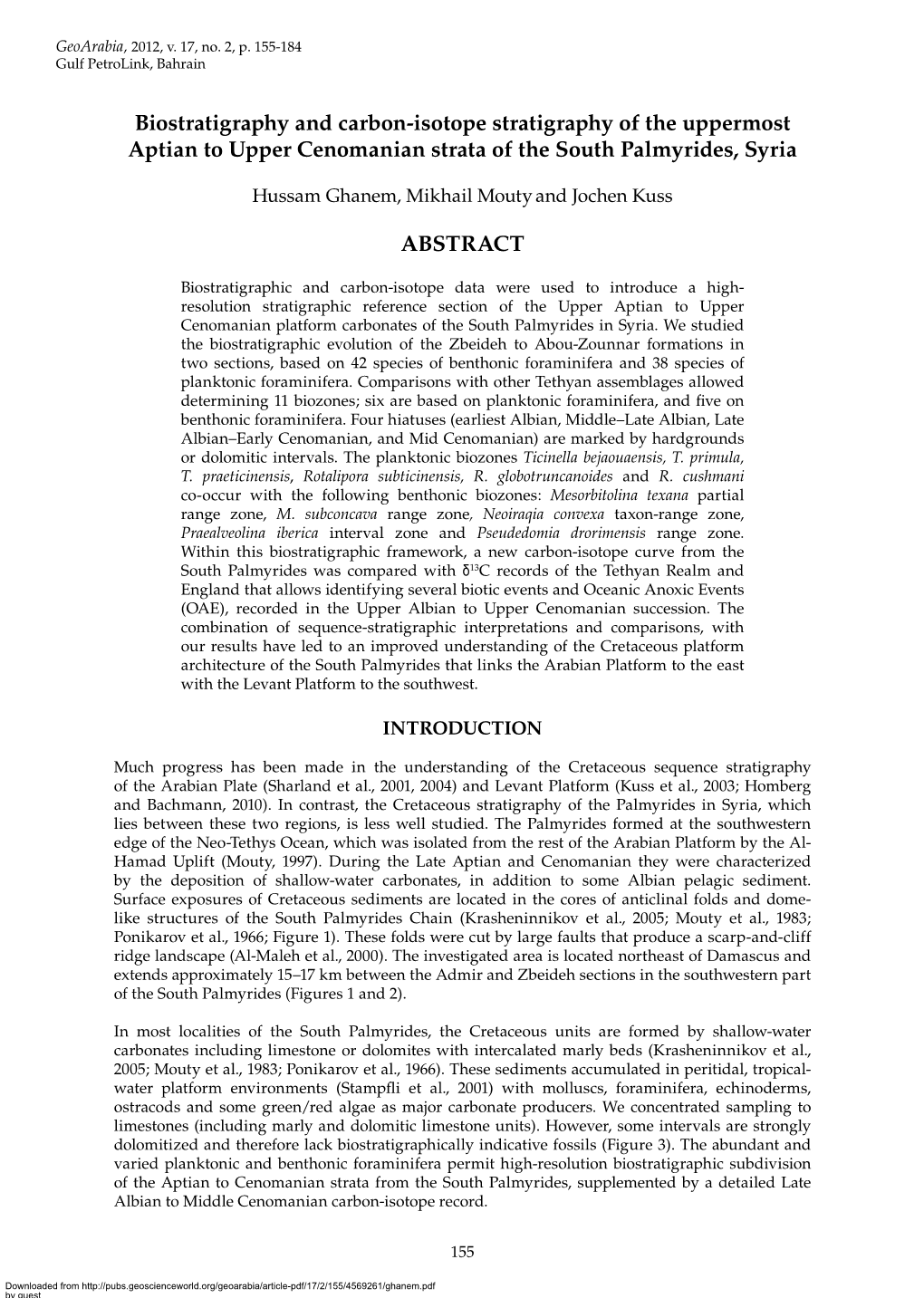 Biostratigraphy and Carbon-Isotope Stratigraphy of the Uppermost Aptian to Upper Cenomanian Strata of the South Palmyrides, Syria