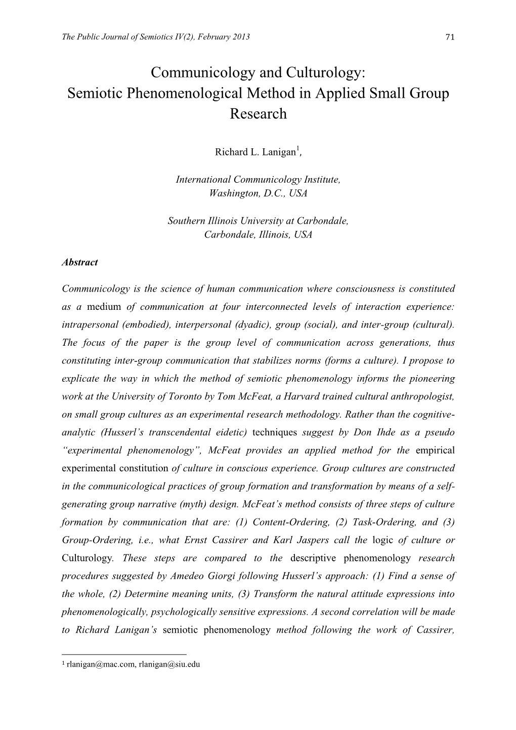 Communicology and Culturology: Semiotic Phenomenological Method in Applied Small Group Research