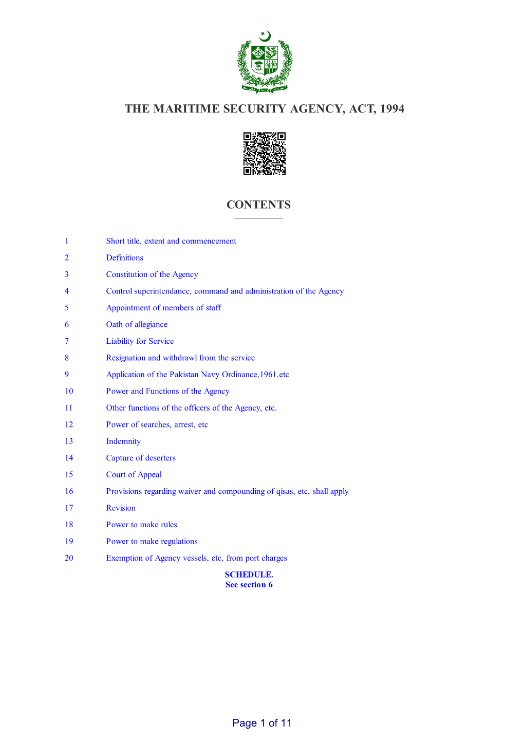 The Maritime Security Agency, Act, 1994 Contents