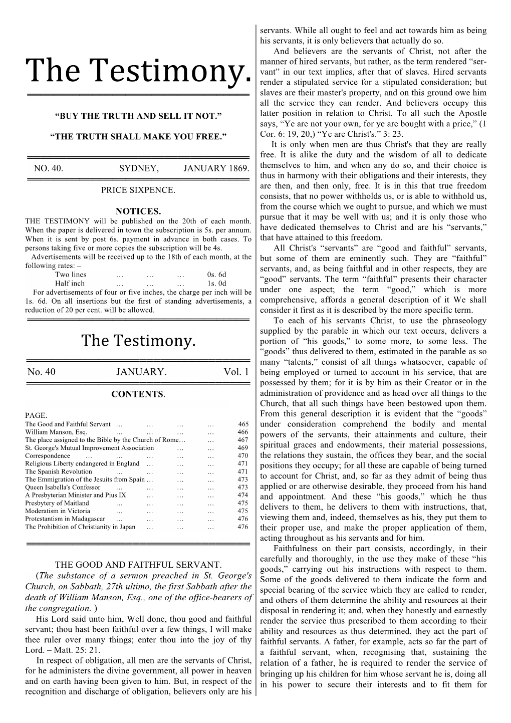 The Testimony Jan 1869 -Feb. 1870