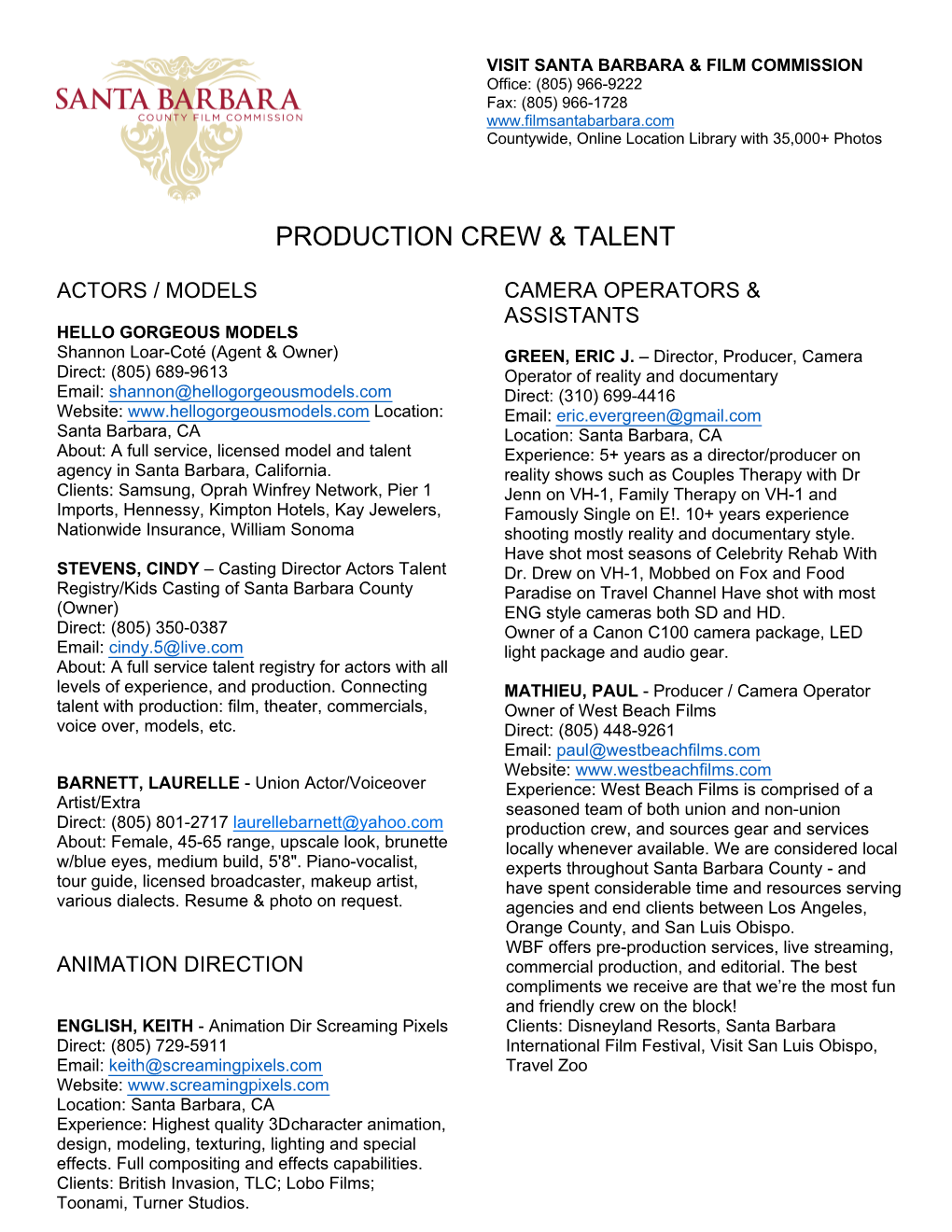 Production Crew & Talent