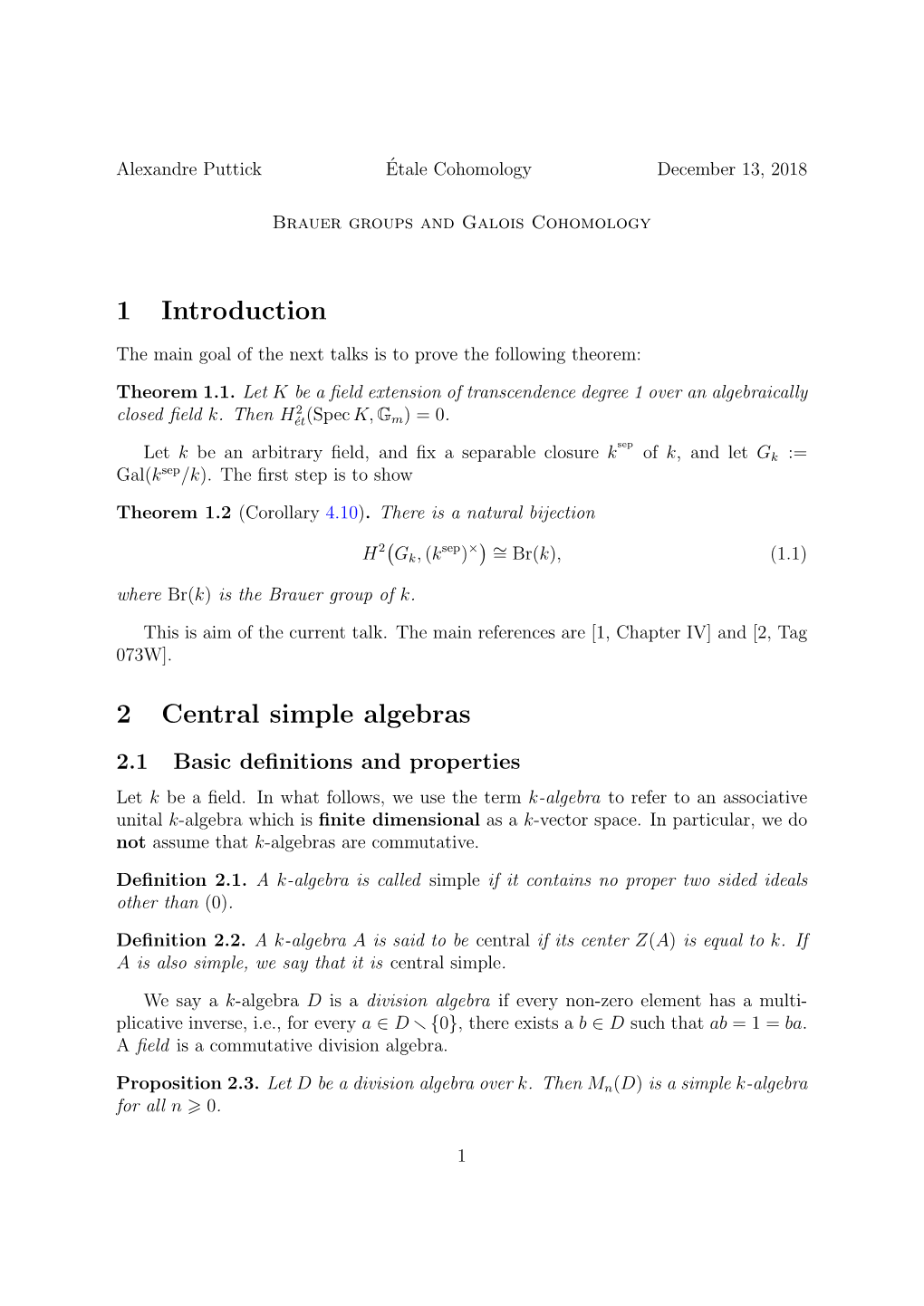 1 Introduction 2 Central Simple Algebras