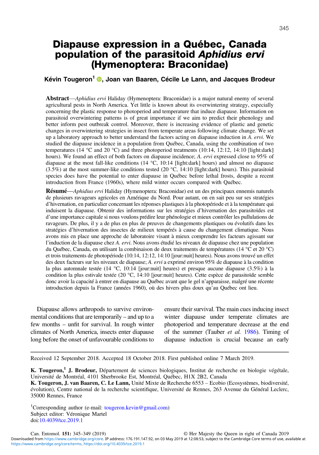 Diapause Expression in a Québec, Canada Population of the Parasitoid Aphidius Ervi (Hymenoptera: Braconidae)