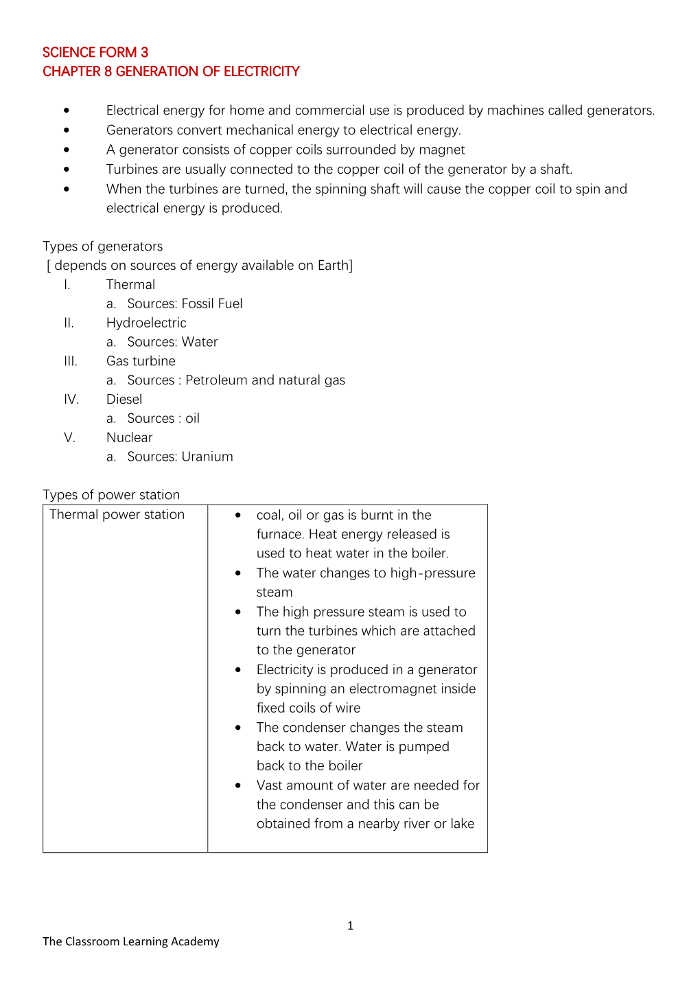 Science Form 3 Chapter 8 Generation of Electricity