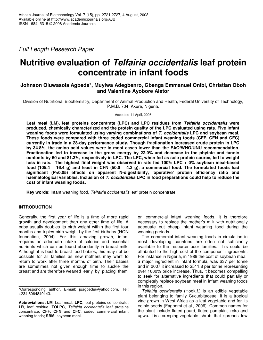 Nutritive Evaluation of Telfairia Occidentalis Leaf Protein Concentrate in Infant Foods