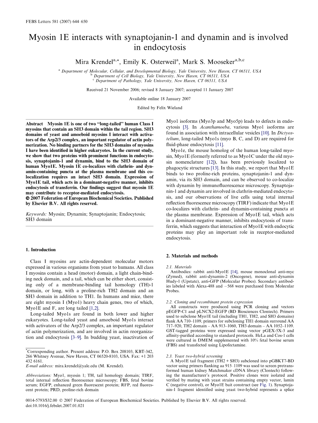 Myosin 1E Interacts with Synaptojanin-1 and Dynamin and Is Involved in Endocytosis