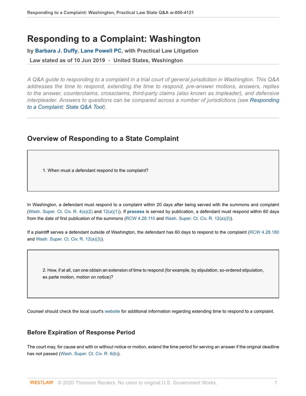 Responding to a Complaint: Washington, Practical Law State Q&A W-000-4121