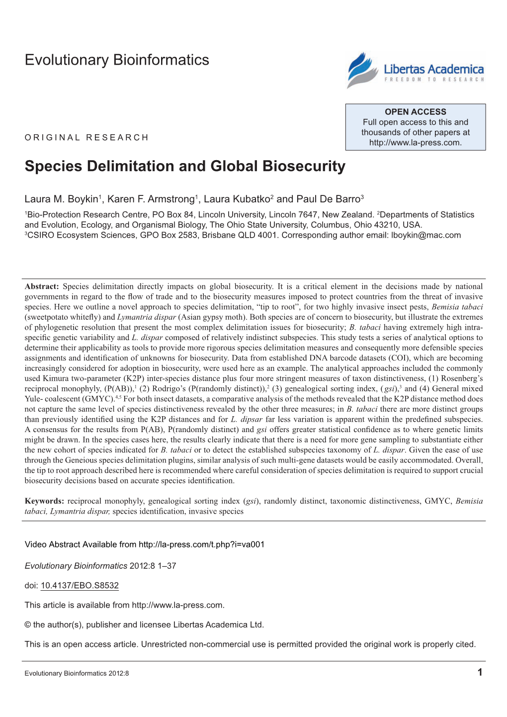 Evolutionary Bioinformatics Species Delimitation and Global Biosecurity